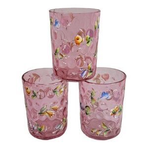Set 3 Antique Moser Rubina Verde Amberina Art Glass Tumblers Enamel Floral Vtg